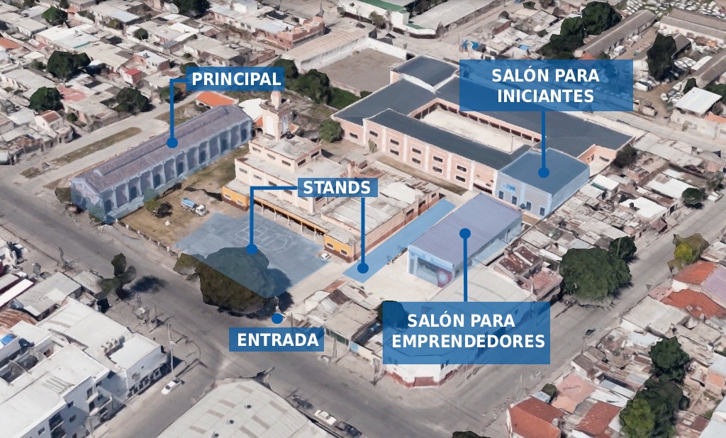 Vista aérea del predio en Av. Independencia 910, Salta, con zonas señaladas: entrada, stands, salón principal, salón para iniciantes y salón para emprendedores.